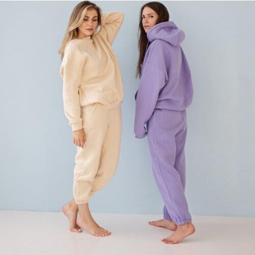 Womens Sale Cotton Suit 2020 Autumn And Winter New Loose Hooded Sweater Pants Plus Velvet Thick 2-piece Fashionable Casual