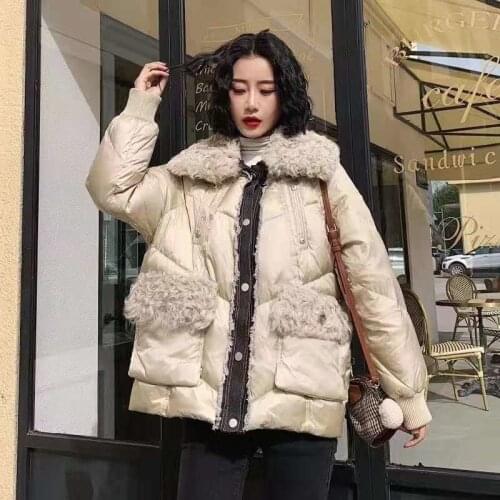2021 jacket Down new fashion arrival real wool collar women coat winter patchwork denim jacket thick warm coats big pocket