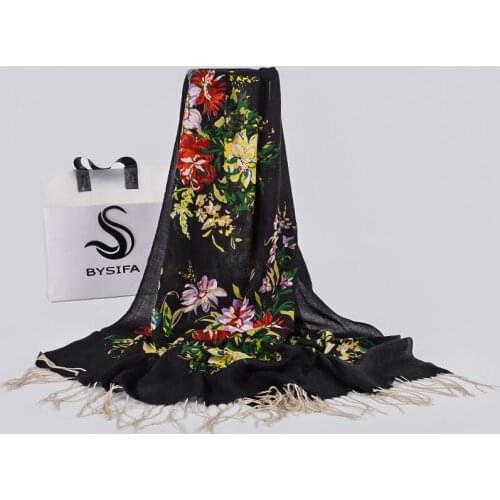 [BYSIFA] Women Pure Wool Scarves Wraps New Oil Painting Style Winter Ladies Green Long Scarves Pashmina Brand Tassel Scarf Shawl