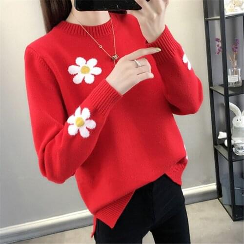 Autumn Fashion Embroidery Flowers Knit Sweater Women Tops Loose Short Jumper Ladies O-Neck Long Sleeve Knitted Pullover Female
