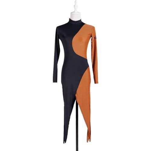 Fashion Two-color stitching ballroom modern Latin dance one-piece dress for women female professional costume performance wear