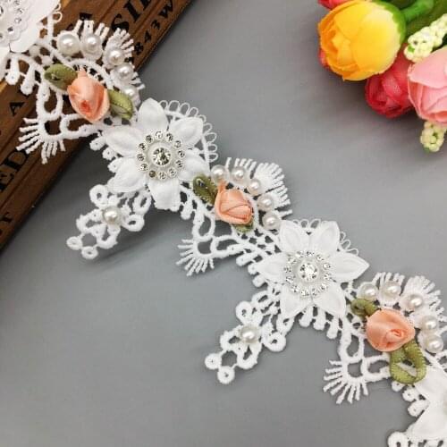 1 yard 3D Diamond Pearl Beaded Flower Embroidered Designer Lace Trim Fabric Ribbon Handmade Sewing Craft For Costume Decoration