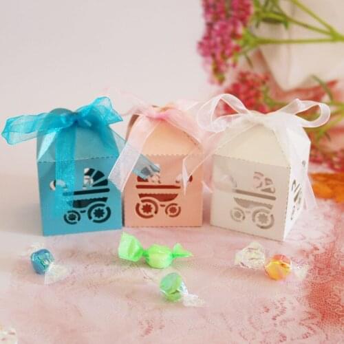 10pcs Baby Carriage Blue Pink Paper Gift Boxes For Kids Birthday Party Laser Cut Candy Packaging Box Baby Shower Supplies