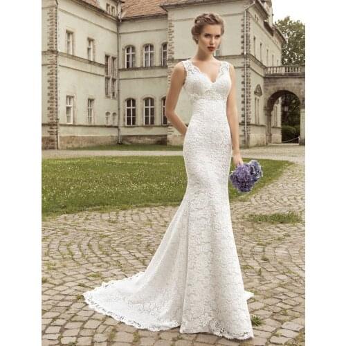#10123 Sleeveless V-Neck Bohemian Backless Lace destination Lace-Up Bridal Gown Simple plus size Mermaid Wedding Dress