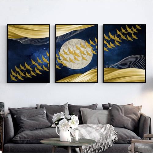 Abstract Moon Wall Art Canvas Painting Golden Mountain Birds Nordic Posters and Prints Wall Picture for Modern Living Room Decor