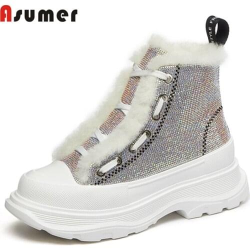 Asumer 2021 Winter Shoes Women Wool Snow Boots Genuine Leather Crystal Lace Up Flat Platform Shoes Women Ankle Boots Newest