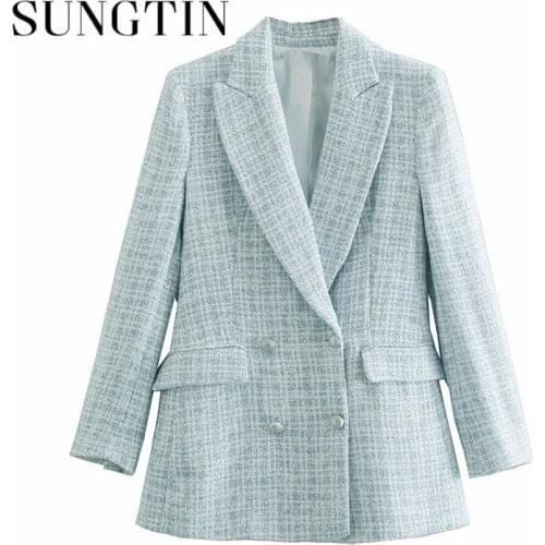 Sungtin Office Lady Straight Plaid Long Blazer Woman Vintage Long Sleeve blazer Femme High Quality Elegant Womens Spring Jacket