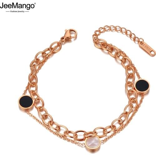 JeeMango Punk Double Layer Stainless Steel Acrylic Shell Charm Bracelets For Women Girls Bohemia Chain Link Bracelet JB20030