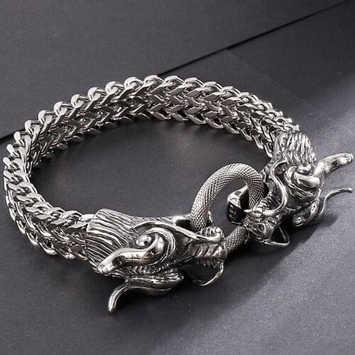Mens Stainless Steel Gothic Double Dragon Head Franco Link Curb Chain Bracelet Men 9 Inches Biker Jewelry Bangle Dropshipping