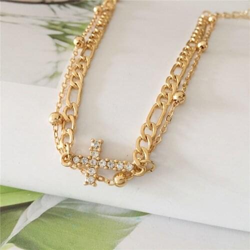 Trendy Cross Charm Ball Chain Gold Tone Layered Bracelet For Women Girl Cute Lovely Elegant Gorgeous Jewelry Accessory
