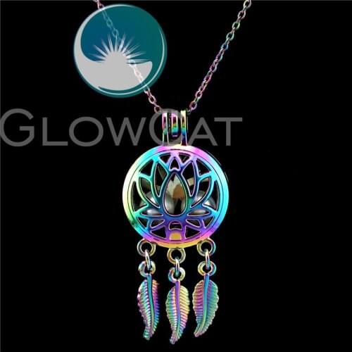 C731 Rainbow Colors Lotus Dream Catcher Beads Cage Essential Oil Diffuser Aromatherapy Pearl Cage Locket Necklace Kids Girl Gift