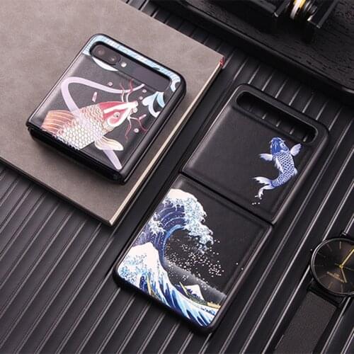 Z Flip Funda Case for Samsung Galaxy Z Flip Case F7000 Fish Dragon Cat PU Leather Coque Phone Case Cover Capa Galaxy Z Flip 5G