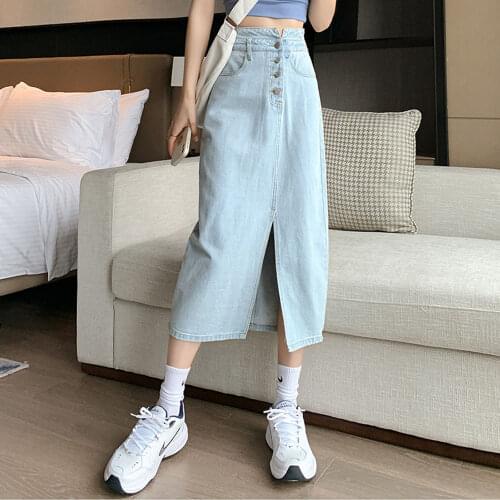 Fashion Women High Waist Split Mid Denim Skirt Summer Elegant Ladies Buttons Slim A-line Long Jean Skirts Female Casual Skirt