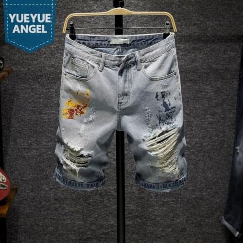 Streetwear Summer Light Blue Denim Shorts Men Hole Ripped Knee Length Straight Jeans Fashion Printing Casual Mens Short Trousers