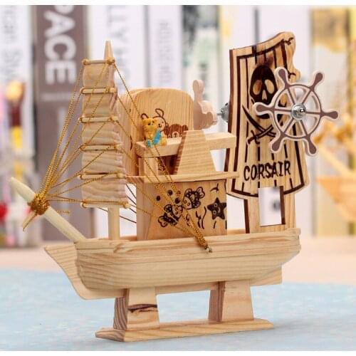 Creative boat shaped windmill music box personalized student gift simple wooden desk decoration room decoration accessories