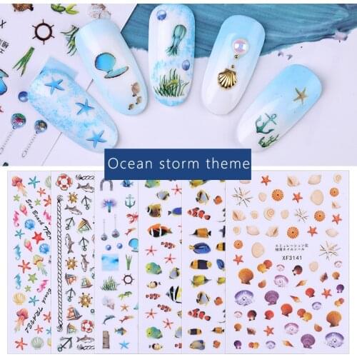 Summer Nail Form Ocean Storm Series Nails Decorations 3D Transfer Foil Gel Cartoon Anime Nail Sliders Set Assorted Stickers Weed