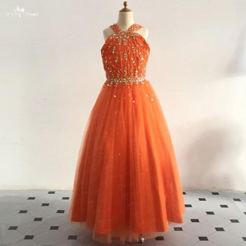 LZC028 Pearls Beaded Orange Ball Gowns Floor Length Flower Girl Dresses Vestido De Daminha 2018