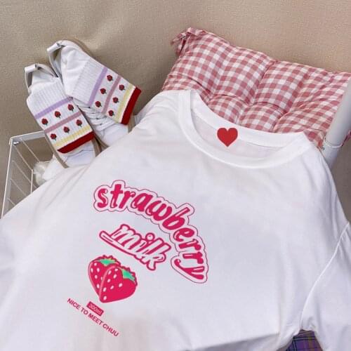 Sweet Strawberry Milk Cute Cartoon Graphic Pink Kawaii Girls Summer Streetwear Casual Top Japan Y2K Casual Vintage Women T-shirt