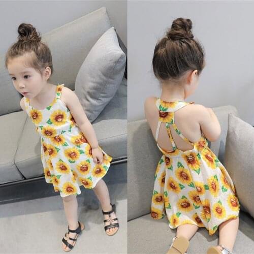 2021 New Baby Girls Summer Clothes Infant Sunflower Print Sleeveless Backless Floral Dresses Outfits Lovely Cute Child Costume