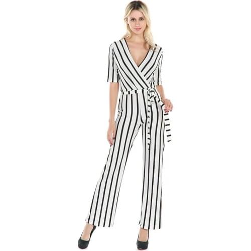 Elegant Deep V-Neck Overall Pants New Fashion Women Striped Jumpsuits With Belt Casual Slim Fit Jumpsuit Bigsweety