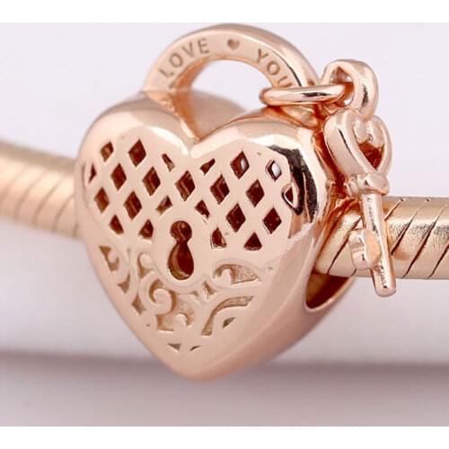 Original Openwork Rose Gold Love You Lock With Key Beads Fit 925 Sterling Silver Bead Charm Bracelet Bangle Diy Jewelry