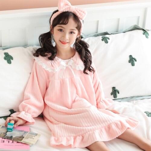 5-15y Kids Nightgowns Winter Girls Sleepwear Long Sleeve Knee-Length Solid Color Sweet Peter Pan Collar Children Nightdress C30