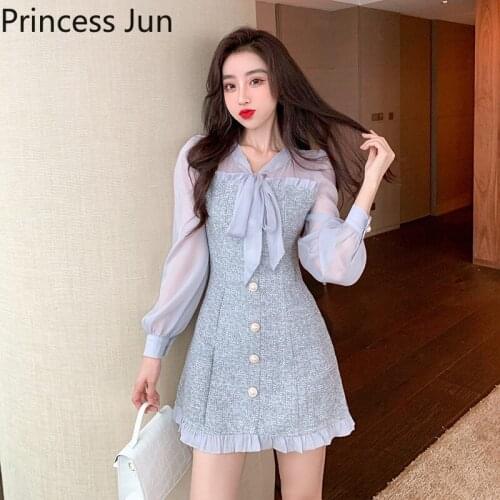 Fashion Stitching Long-sleeved Waist Slim Dress French Women Retro Mini A Line Dress Ruffled Hem Elegant Party Dress Vestidos