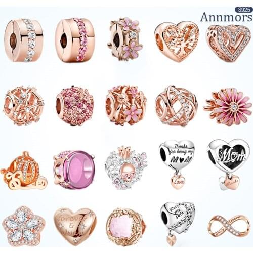 Fit Pandora Heart Pink Bow Bracelet Charms 925 Sterling Silver Golden Pumpkin Cart DIY Jewelry Making Pendant Women Friends Gift