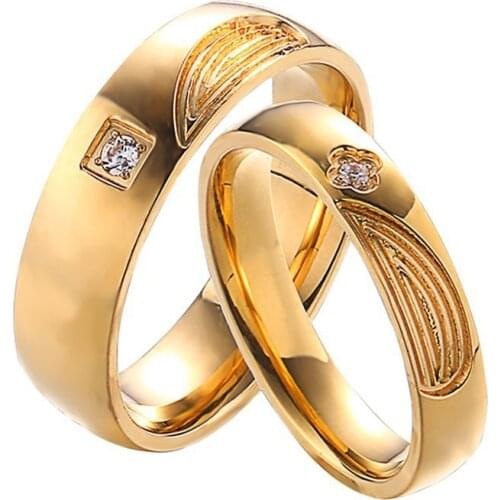 RIR 1Pcs Stainless Steel Gold With Crystal Wedding Engagement Rings Simple Fashionable Lover Ring Jewelry Gifts