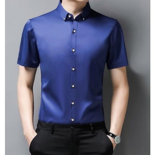 Middle-aged Mens Short-sleeved Shirt Ice Silk Slippery Material New White Short-sleeved Shirt Pure Color Loose Trend