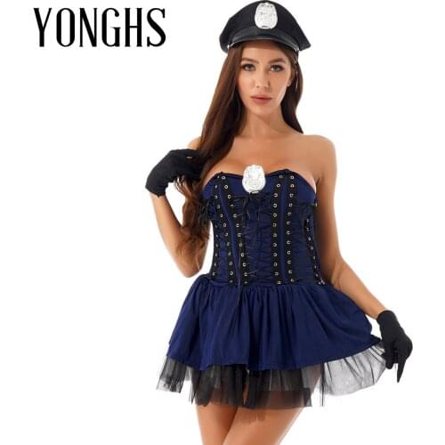 Sexy Womens Police Officer Uniform Halloween Fancy Cosplay Outfit Strapless Lace-up Layered Policewomen Dress with Hat Gloves