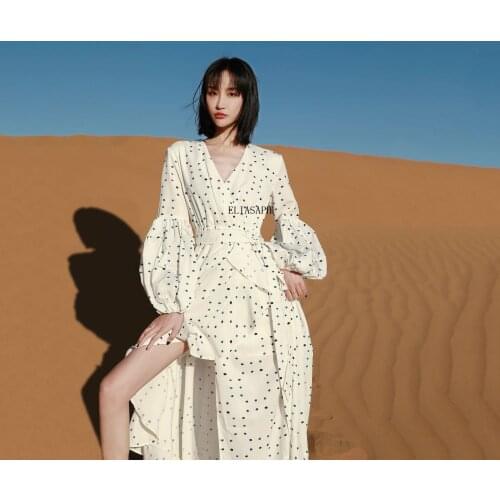 Boho Long Sleeves Chiffon Maix Dress 2021 Summer New Belt Elastic High Waist V-neck Ruffle Printed Split Fairy Long Dresses
