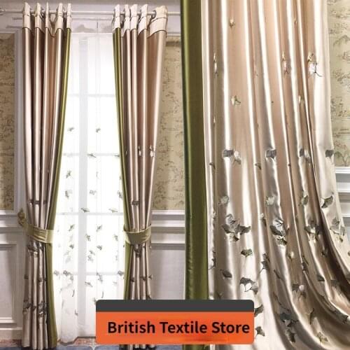 New Chinese Ancient Style Modern Ginkgo Leaf Satin Embroidered Cloth Embroidered Curtain Curtains for Living Dining Room Bedroom