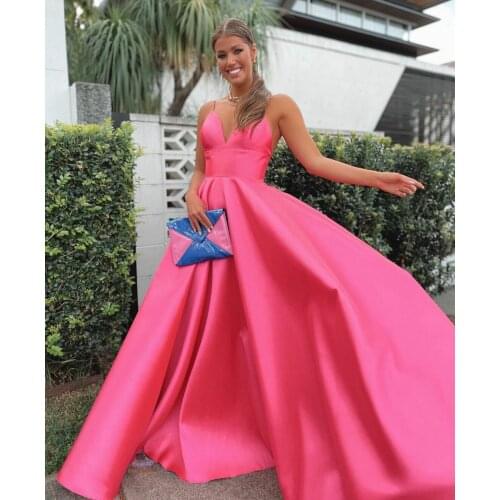 Sexy Long V-Neck Rose Red Evening Dresses with Pockets Satin A-Line Open Back Robes De Mariée Party Gowns For Women