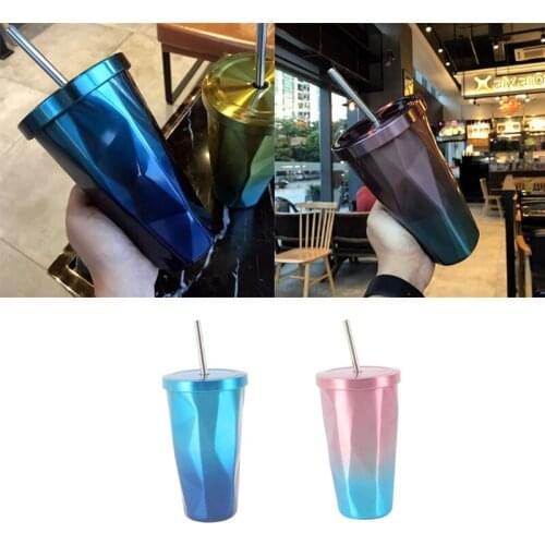 50LB Set of 1 Stainless Steel Tumbler with Straw and Lid Double Wall Drinking Cup Coffee Mug 500ml Irregular Diamond 4 Colors