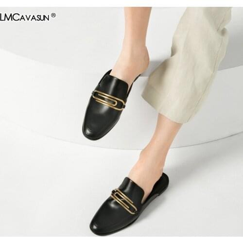 LMCAVASUN British style Breathable Slippers Metal Buckle Flat Mules Shoes 2020 Autumn New Half slippers Womens shoes
