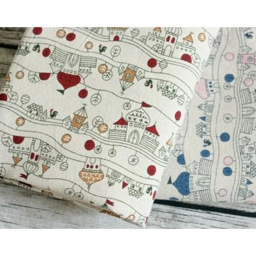 YY DIY Vintage Brand Quality 50x150cm Red & Blue Cartoon Castle Printed Cotton Linen Fabric