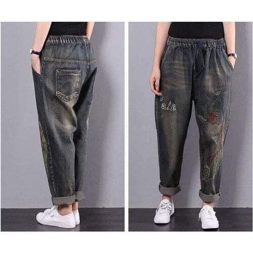 Cotton Casual Denim Pants Big Size Autumn Winter Arts Style Women Elastic Waist Harem Pants Embroidery Loose Vintage Jeans