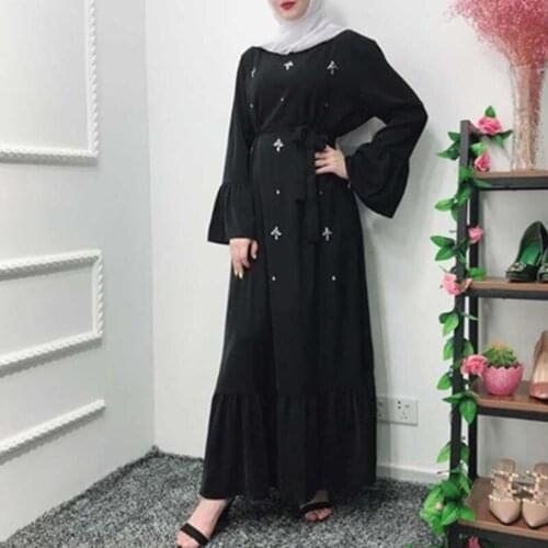 Hand Made Diamond Beading Muslim Peignoir Robes Syari Dubai Fashion Female Full Length Ruffles Abaya Muslim Dress With Belt