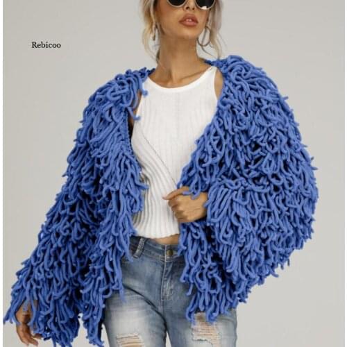 Women Sweater Coat Coarse Yarn Knitted Wool Tassels Crocheted Fuzzy Women Cardigan Fringed Hooked Jacket Pullovers Ol Tops New