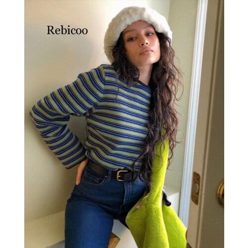 Pull femme autumn classic vintage style striped loose sweater knitted sweater women tops