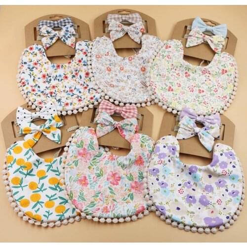 2 Pcs Baby Headbands+ 1 Pc Tassel Saliva Towel Kit Newborn Floral Print Double Side Bibs Bandana Burp Cloths Feeding Smock Stuff
