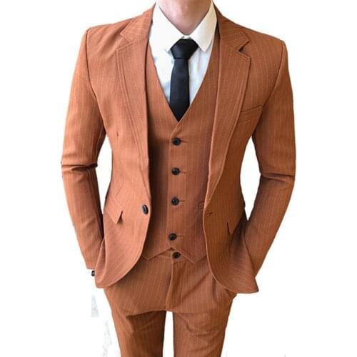2021 New Mens High End Fashion Stripe Slim Fit Suit Coat Pants Groom Married Fashion Male Blazer Jacket Trousers Vest 3 Pcs Set