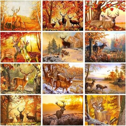 5D DIY Diamond Painting Deer Animal Autumn Landscape Cross Stitch Kit Full Square Round Drill Diamond Embroidery Handmade Decor