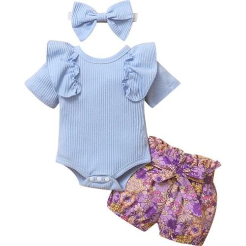 Bobora Infant Baby Girl Summer Clothes Shorts Set Newborn Short Sleeve Romper Bodysuit Printed Top+Headband 3 Pcs Outfits