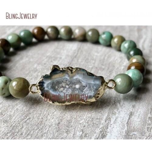 Natural Green Jades Beaded Bracelet Druzy Bracelet Agates Geode Stretch Bracelet BM33661