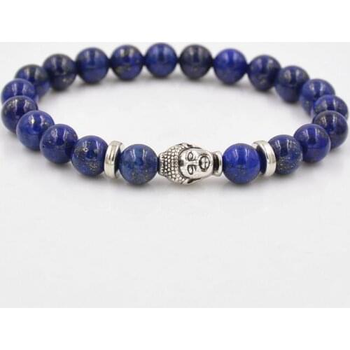 BPPCCR lapis lazuli Stone 8mm Buddha Head Metal beaded Chakra Bracelet Prayer beads Jewelry Men women pulsera