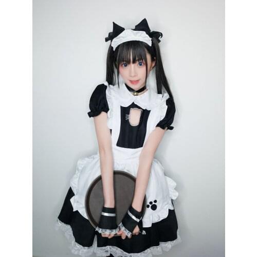 Bust Open Maid Cosplay Costume Sexy Cat Girl Kitty Outfit Cotton Apron Lovely Lace Mini Dress For Women Anime Black White Lolita