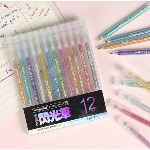 12colors/set Metallic Glitter Pen 1.0MM Drawing Colored Metal Pastel Highlighter Art Marker School Office Writing Stationery