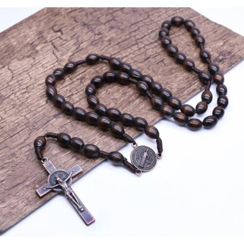 T84E Fashion Jesus Wooden Prayer Beads Catholic Religious Wall Rosary Necklace Jewelry Gifts Sweater Chain Decor